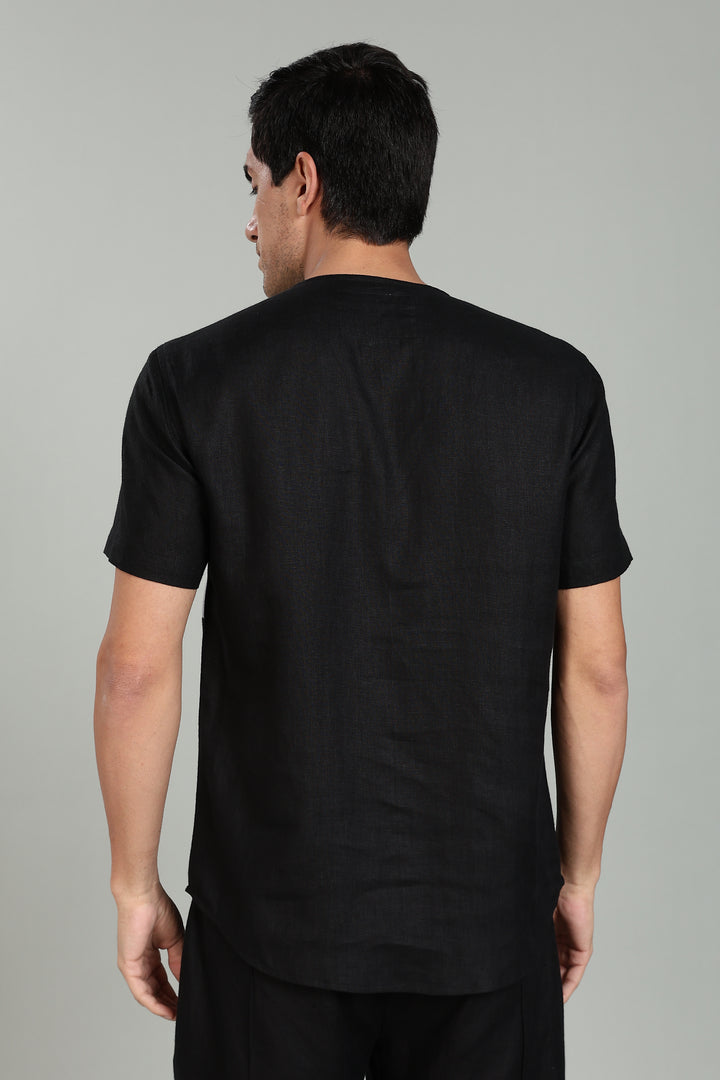 Zach - Double Colour Block Linen Short Sleeve T-Shirt - Black & Slate Grey