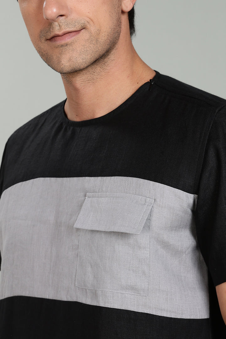 Zach - Double Colour Block Linen Short Sleeve T-Shirt - Black & Slate Grey