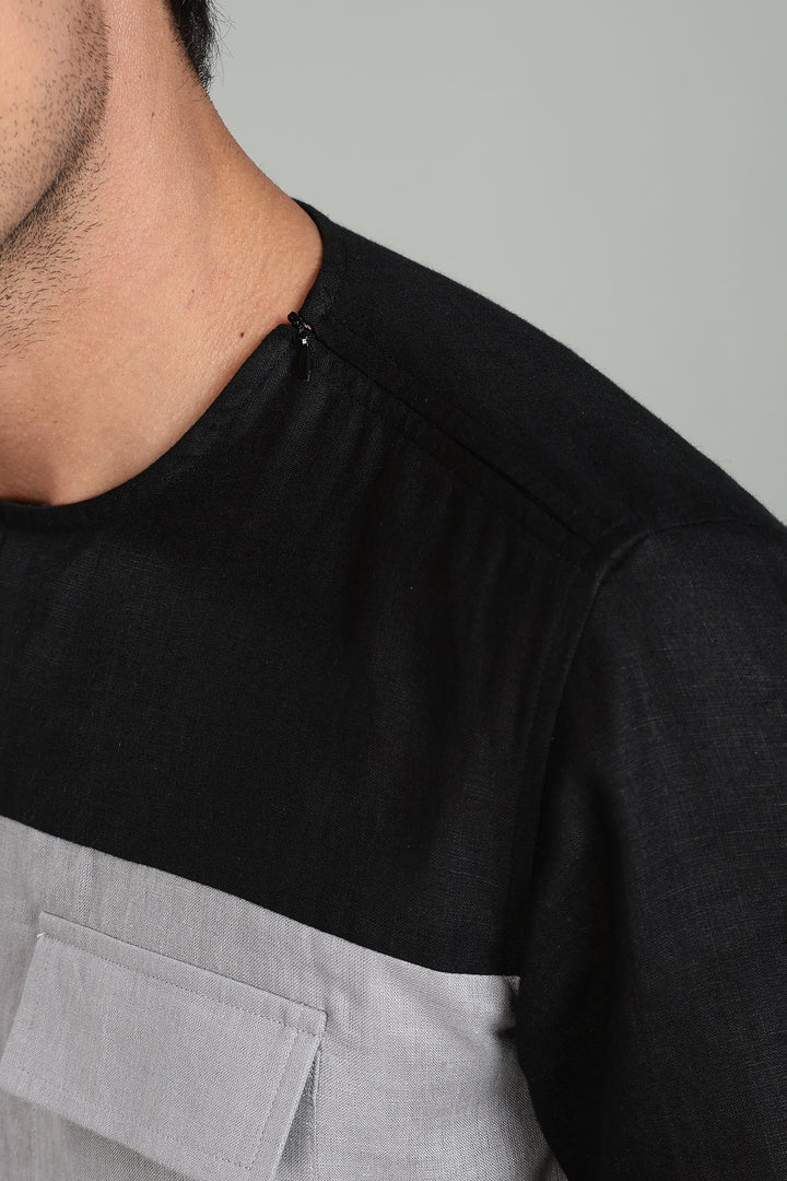 Zach - Double Colour Block Linen Short Sleeve T-Shirt - Black & Slate Grey