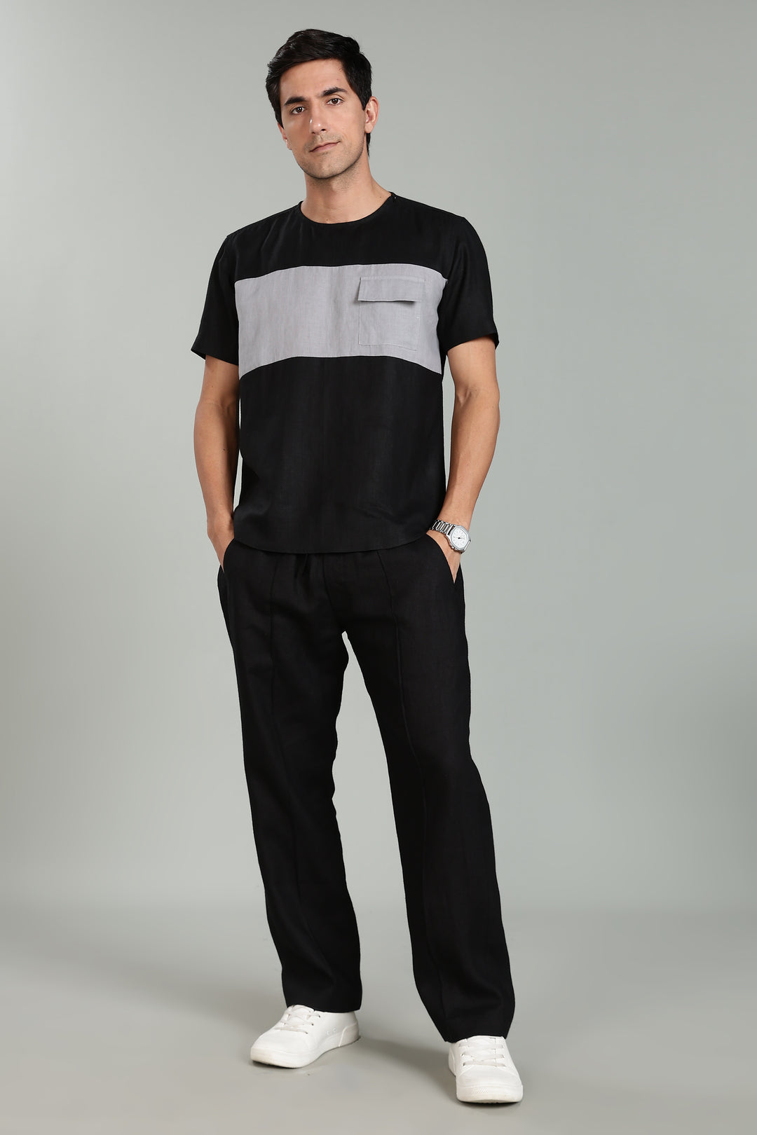 Zach - Double Colour Block Linen Short Sleeve T-Shirt - Black & Slate Grey