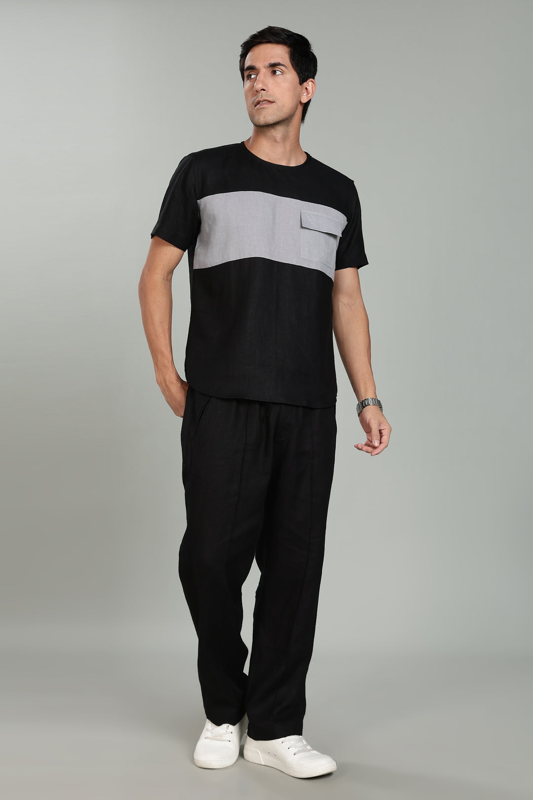 Zach - Double Colour Block Linen Short Sleeve T-Shirt - Black & Slate Grey