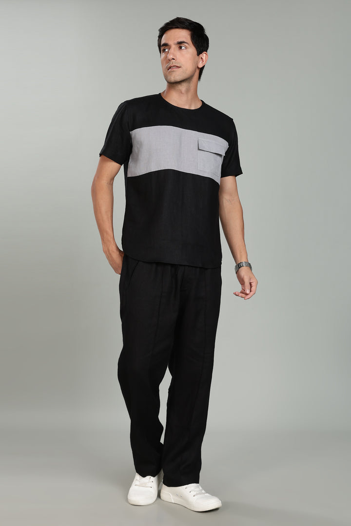 Zach - Double Colour Block Linen Short Sleeve T-Shirt - Black & Slate Grey