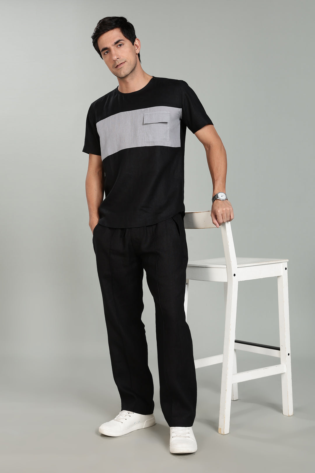 Zach - Double Colour Block Linen Short Sleeve T-Shirt - Black & Slate Grey
