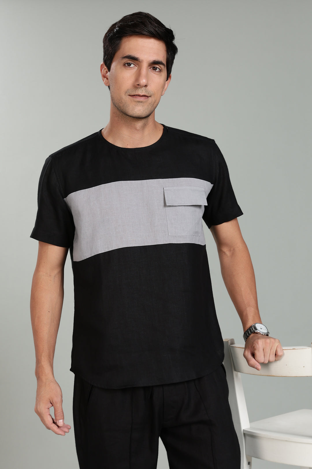 Zach - Double Colour Block Linen Short Sleeve T-Shirt - Black & Slate Grey