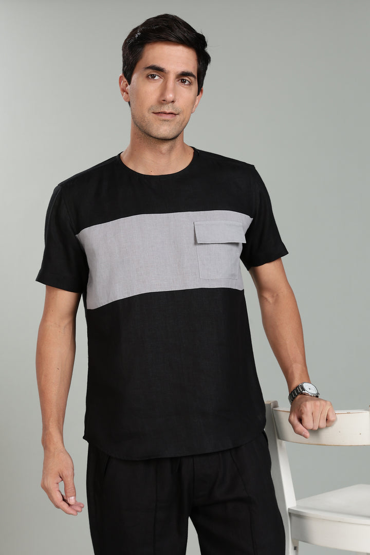 Zach - Double Colour Block Linen Short Sleeve T-Shirt - Black & Slate Grey