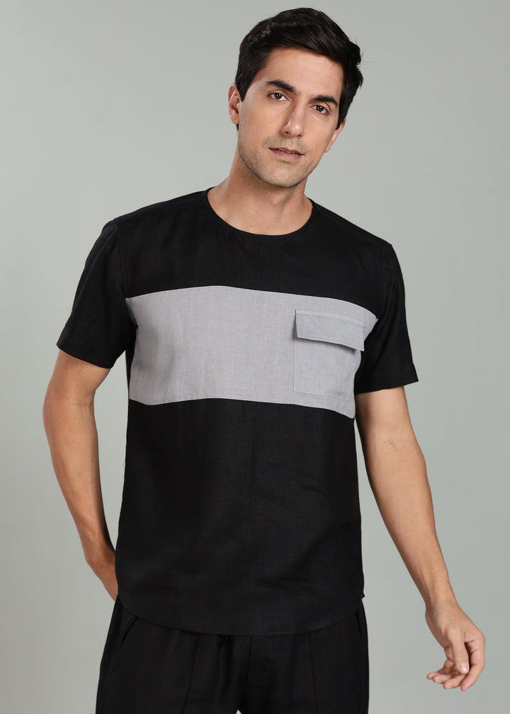 Zach - Double Colour Block Linen Short Sleeve T-Shirt - Black & Slate Grey