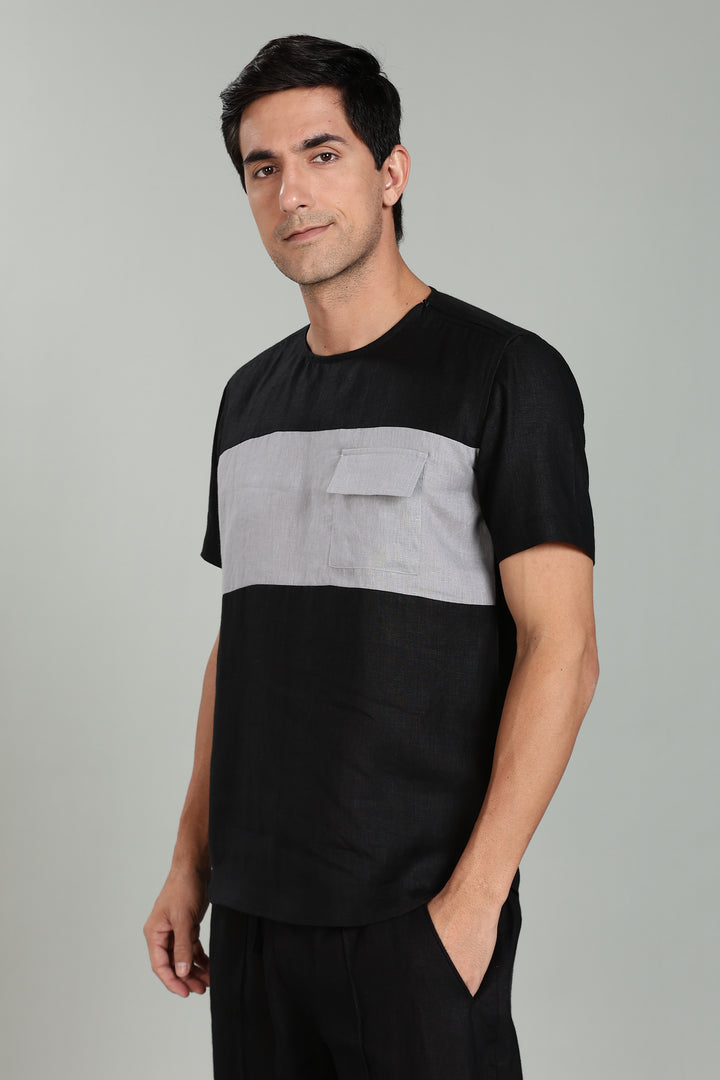 Zach - Double Colour Block Linen Short Sleeve T-Shirt - Black & Slate Grey