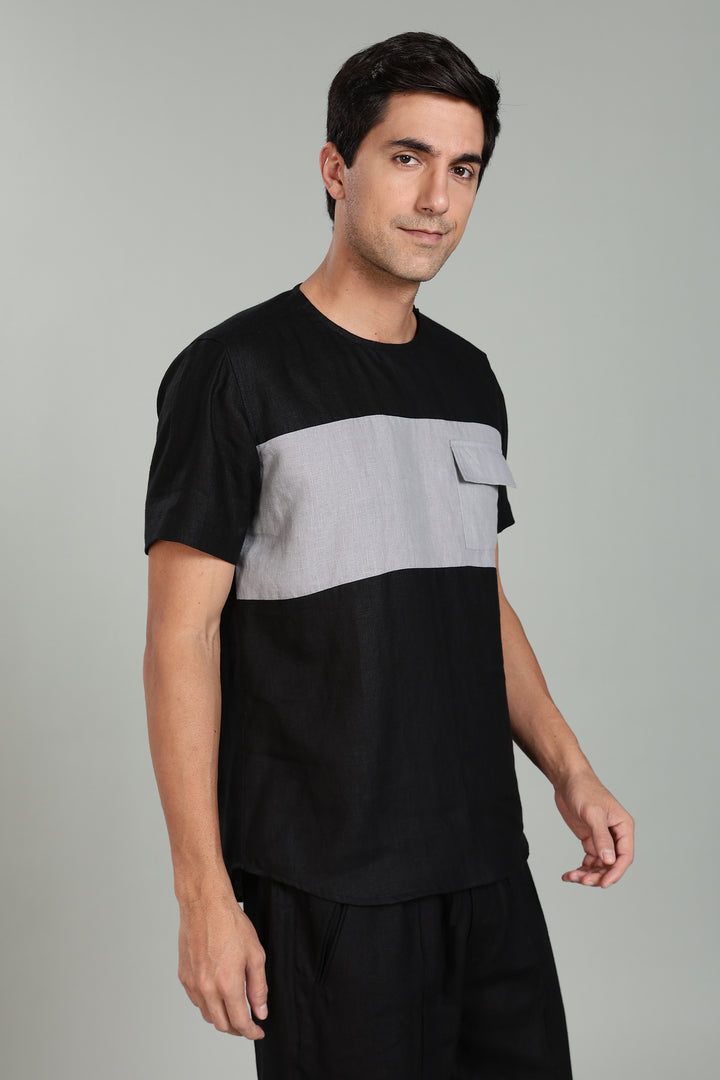 Zach - Double Colour Block Linen Short Sleeve T-Shirt - Black & Slate Grey
