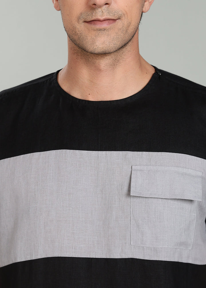 Zach - Double Colour Block Linen Short Sleeve T-Shirt - Black & Slate Grey
