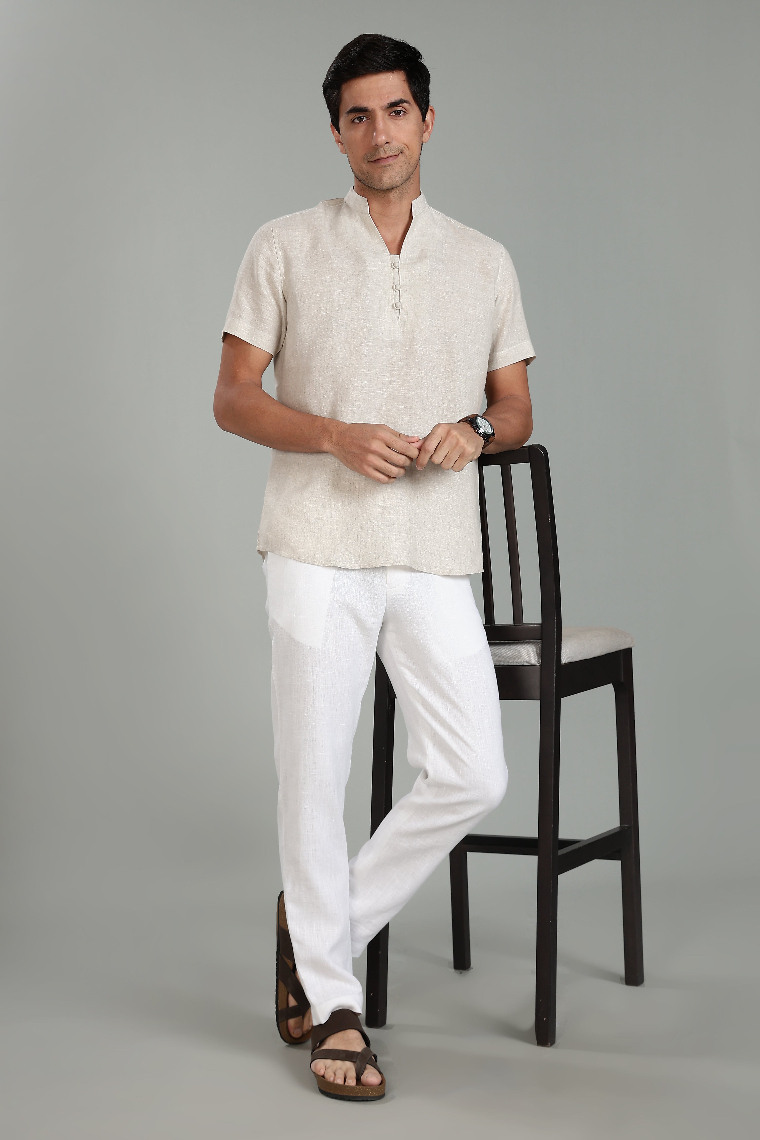 Ziv - Pure Linen Half Sleeve Kurta - Ecru – Linen Trail