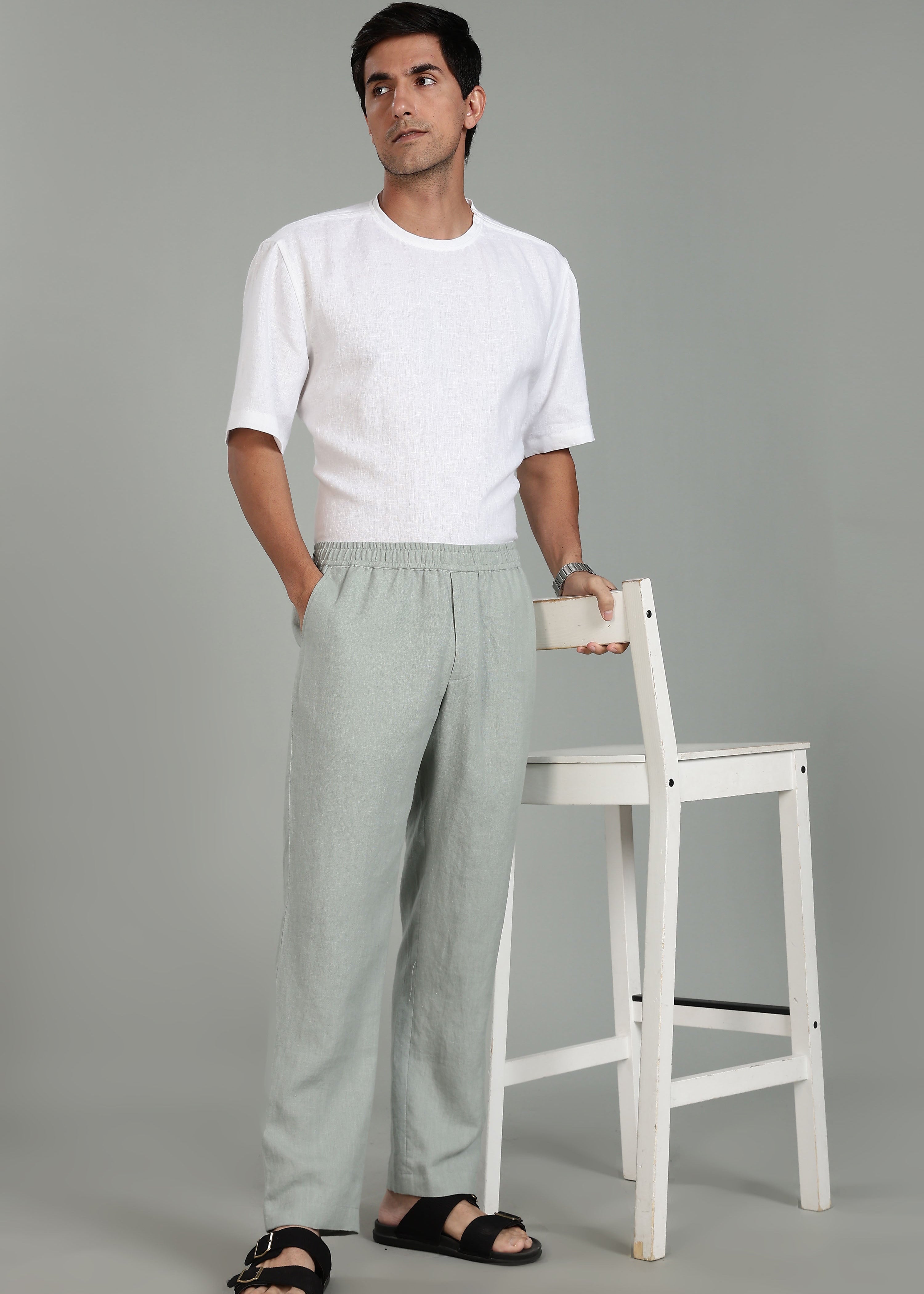 Ivo - Pure Linen Casual Relaxed Elastic Pants - Slow Green – Linen