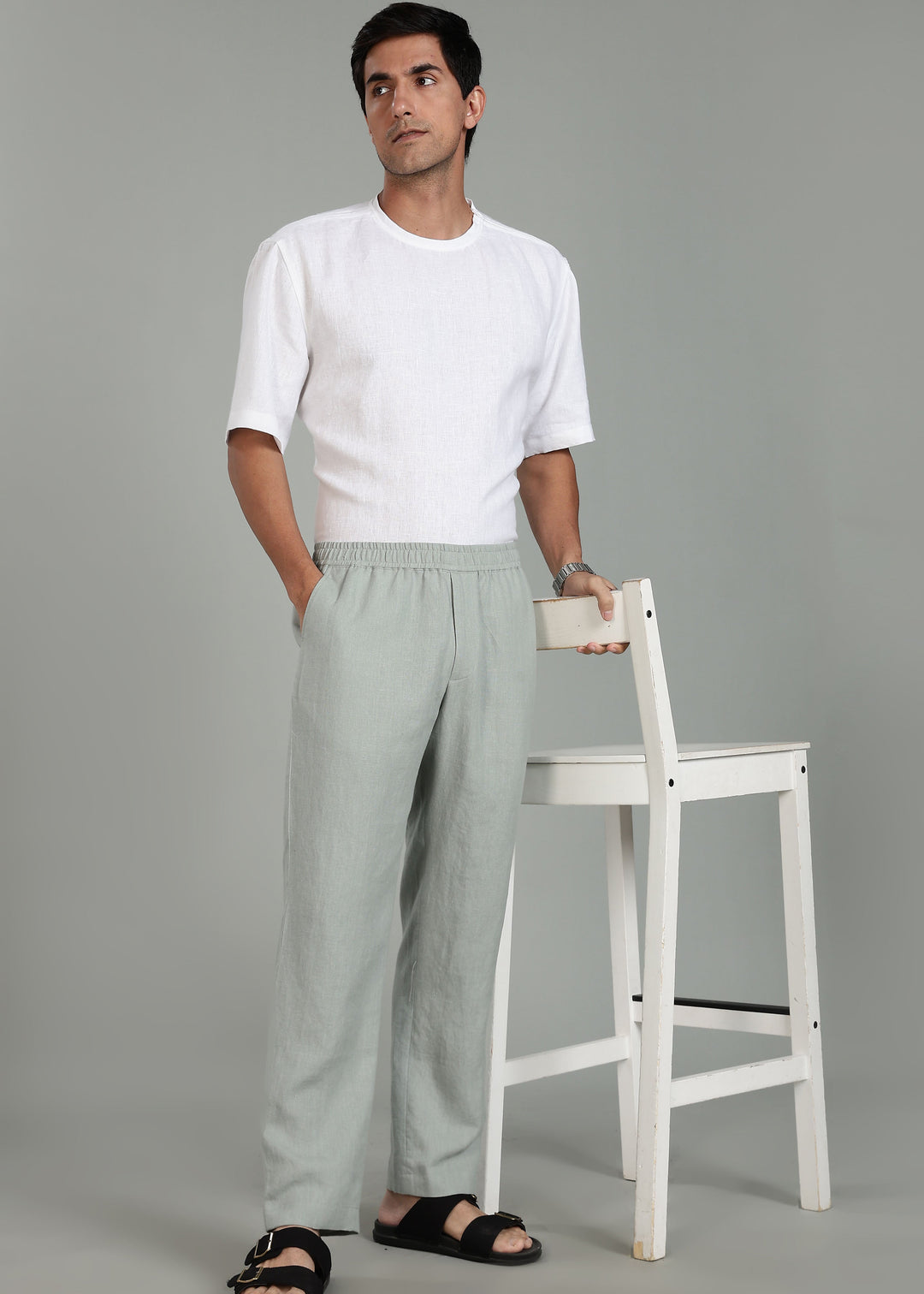 Ivo -  Pure Linen Casual Relaxed Elastic Pants - Slow Green