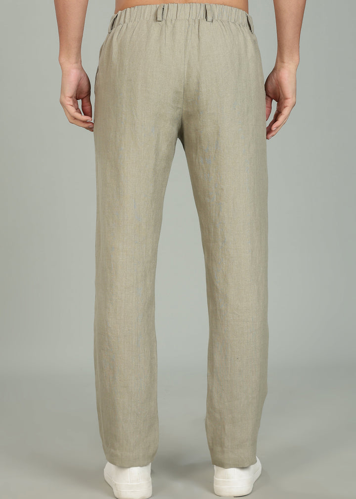 Zen Relaxed Elastic Pure Linen Trousers - Artichoke Green