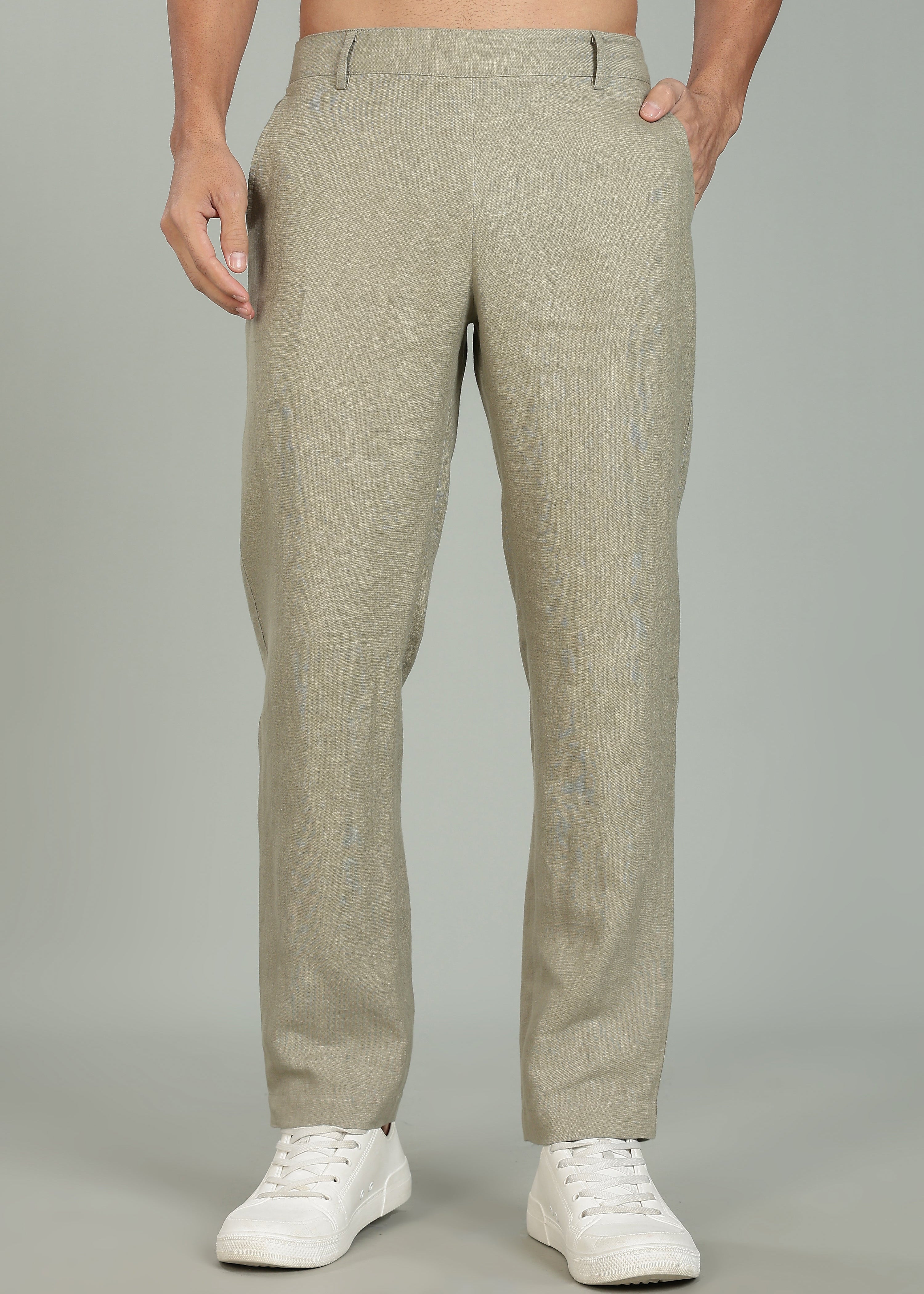 Green Relaxed Fit Pure Linen Trousers with Back Elastic by Linen Trail