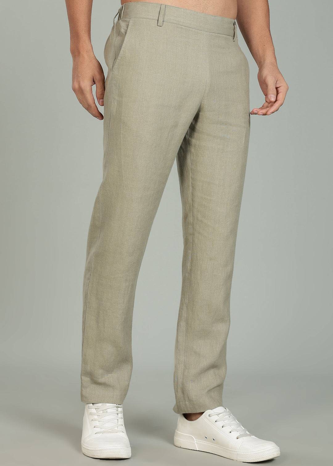 Zen Relaxed Elastic Pure Linen Trousers - Artichoke Green