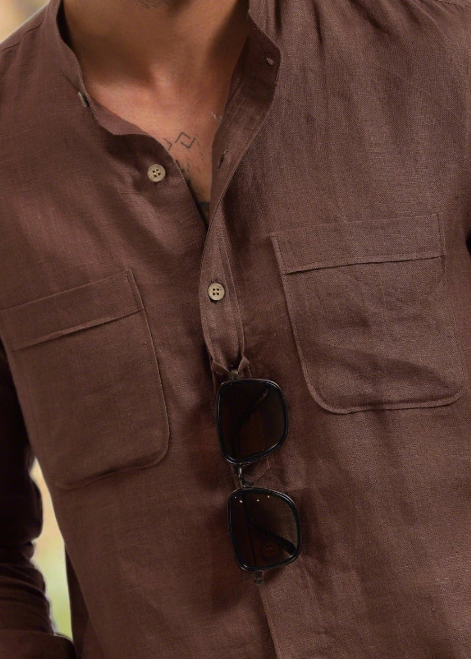 Luca - Pure Linen Double Pocket Full Sleeve Shirt - Coffee Brown