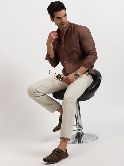 Luca - Pure Linen Double Pocket Full Sleeve Shirt - Coffee Brown