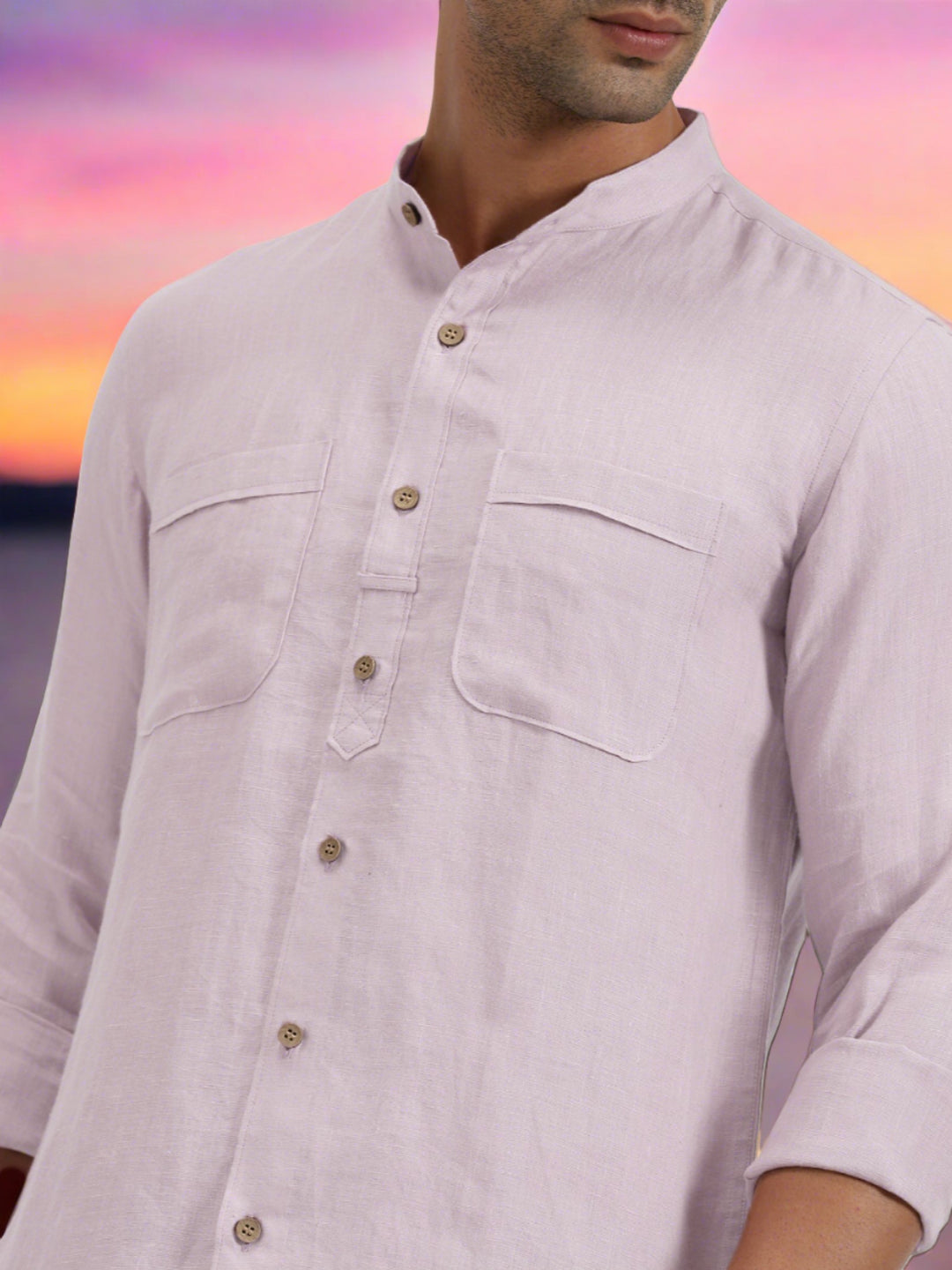 Luca - Pure Linen Double Pocket Full Sleeve Shirt - Light Lilac Pink
