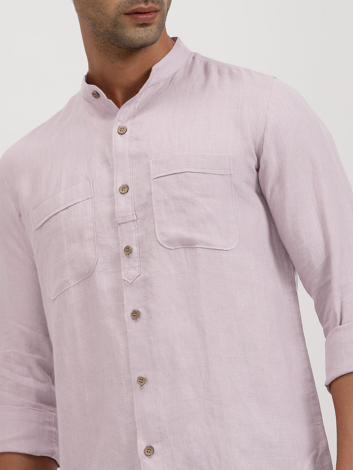 Luca - Pure Linen Double Pocket Full Sleeve Shirt - Light Lilac Pink