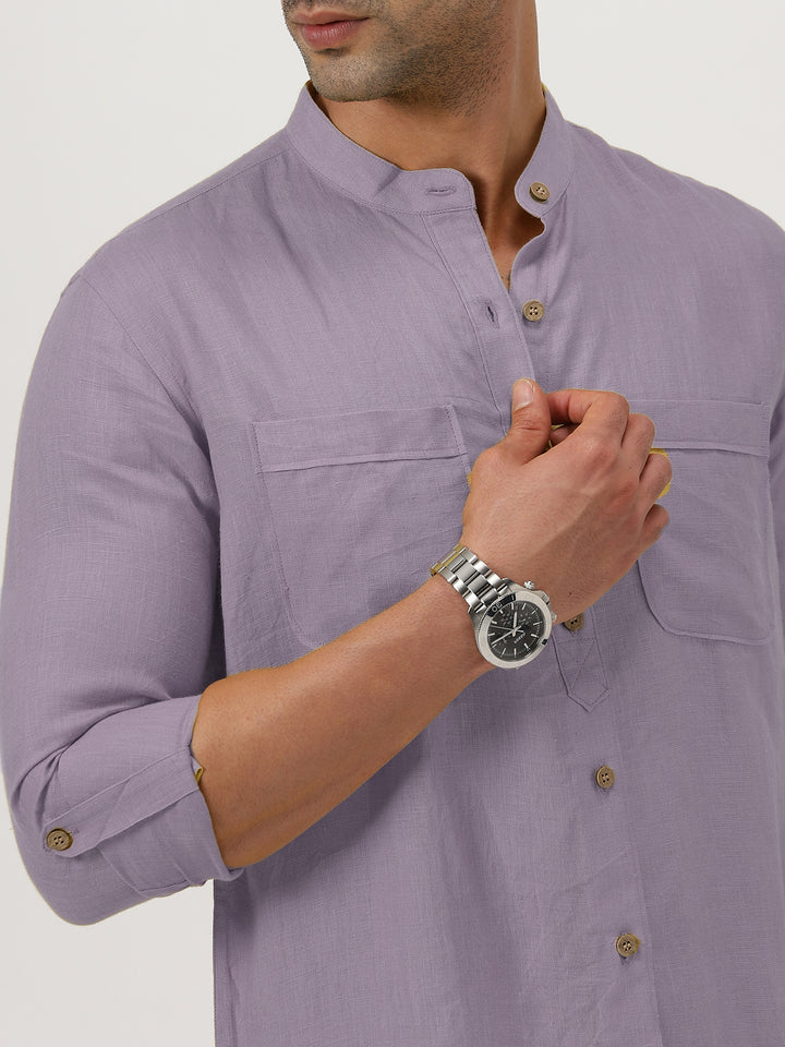 Luca - Pure Linen Double Pocket Full Sleeve Shirt - Misty Lilac