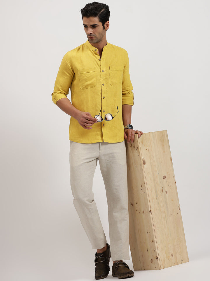 Luca - Pure Linen Double Pocket Full Sleeve Shirt - Sunburst Yellow
