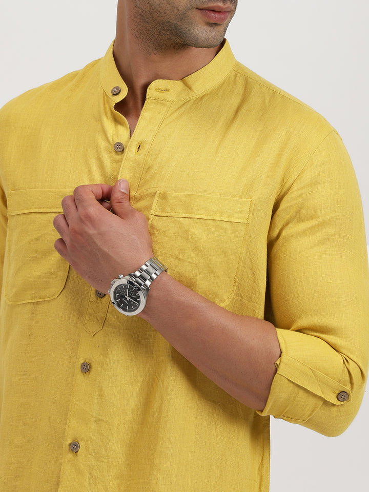 Luca - Pure Linen Double Pocket Full Sleeve Shirt - Sunburst Yellow