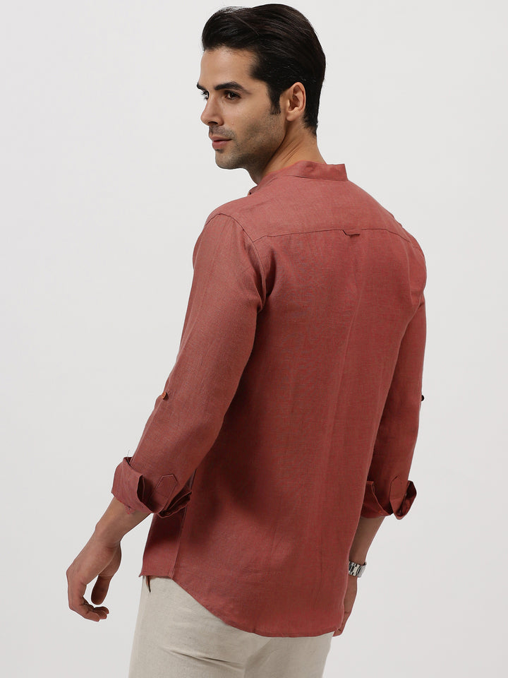 Luca - Pure Linen Double Pocket Full Sleeve Shirt - Terracotta Red
