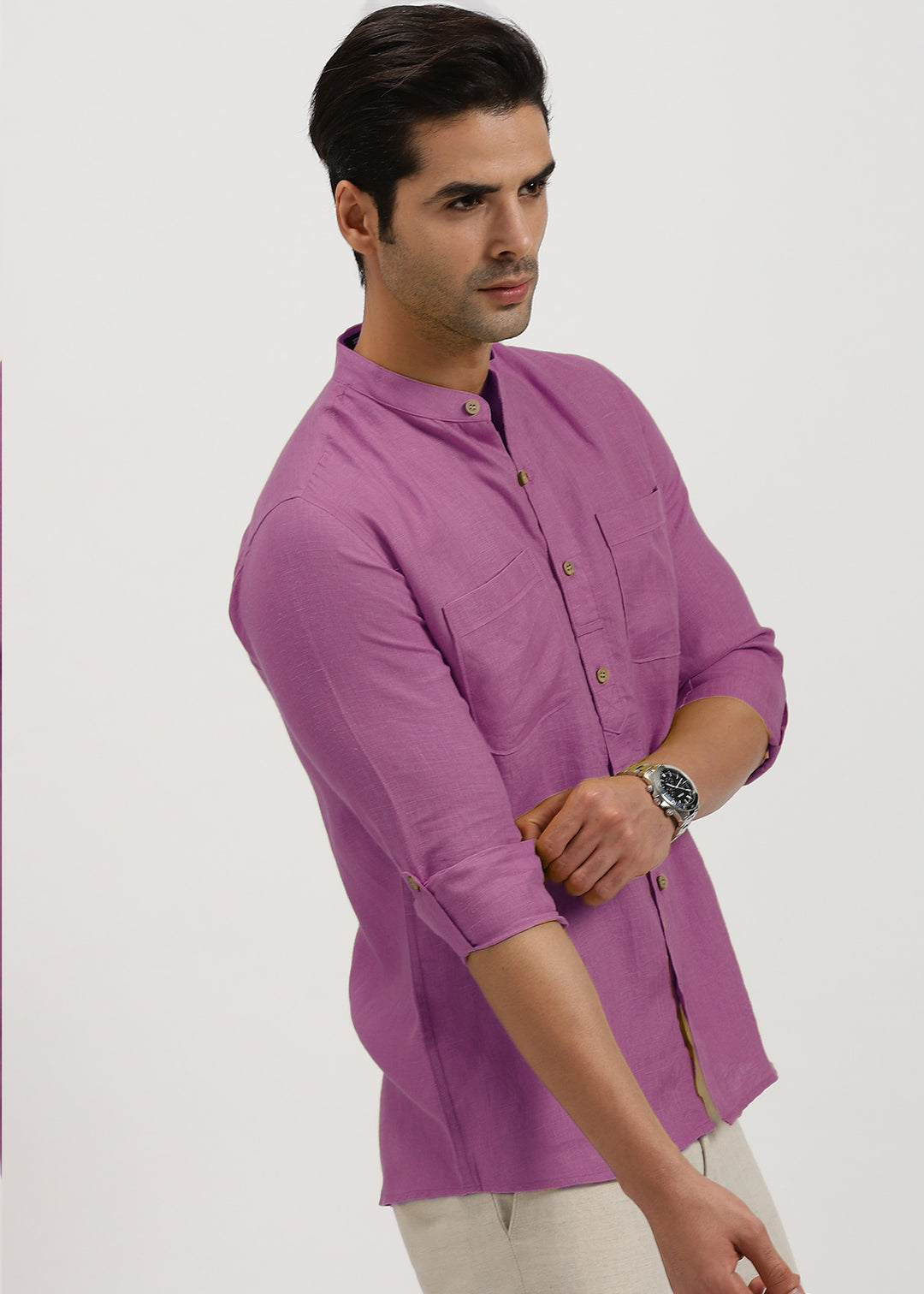 Luca - Pure Linen Double Pocket Full Sleeve Shirt - Berry Purple