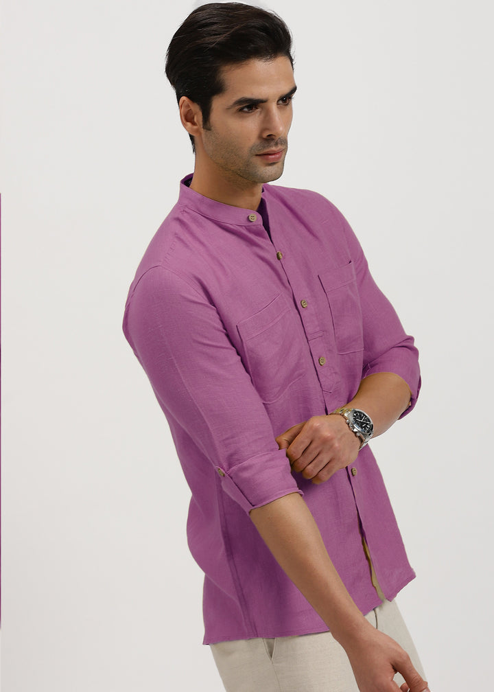 Luca - Pure Linen Double Pocket Full Sleeve Shirt - Berry Purple
