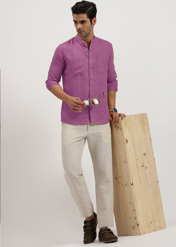Luca - Pure Linen Double Pocket Full Sleeve Shirt - Berry Purple