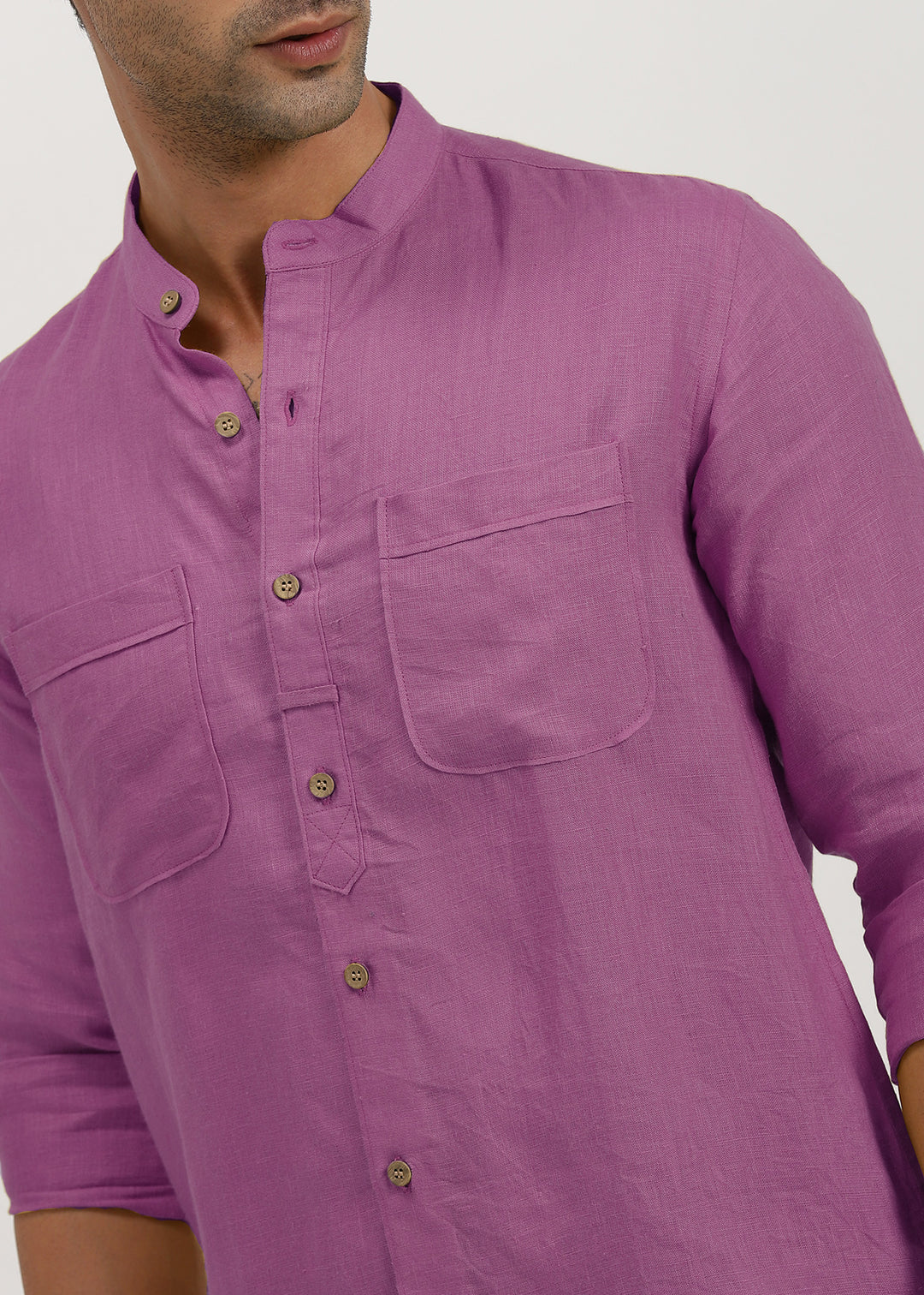 Luca - Pure Linen Double Pocket Full Sleeve Shirt - Berry Purple
