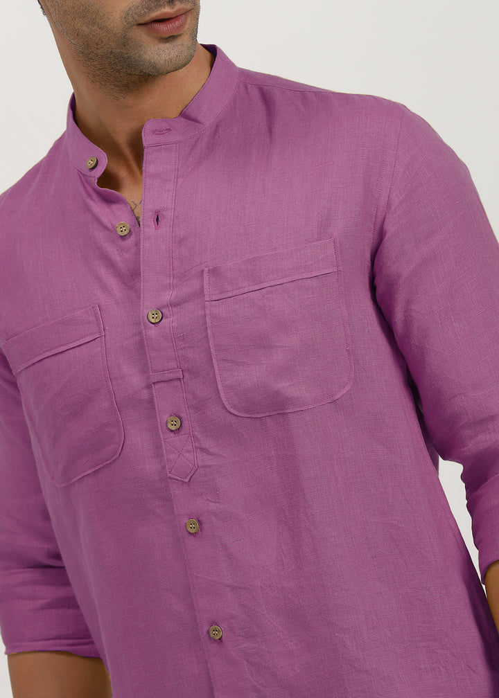 Luca - Pure Linen Double Pocket Full Sleeve Shirt - Berry Purple