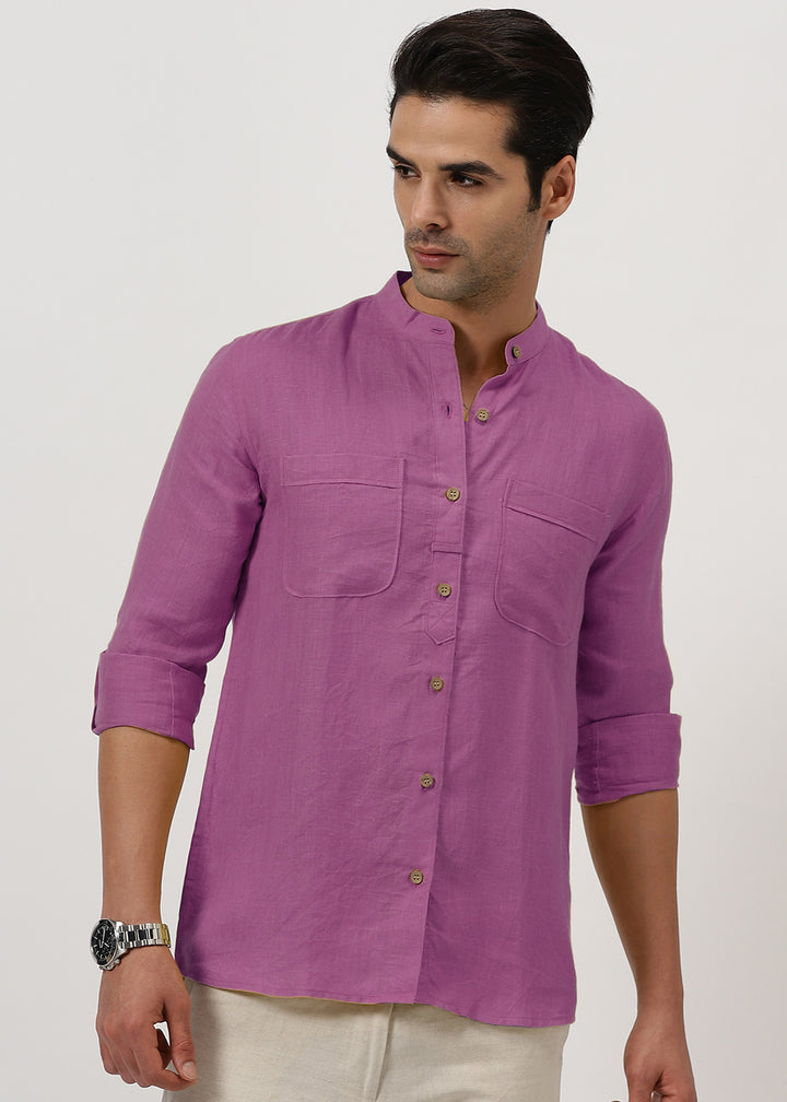 Luca - Pure Linen Double Pocket Full Sleeve Shirt - Berry Purple