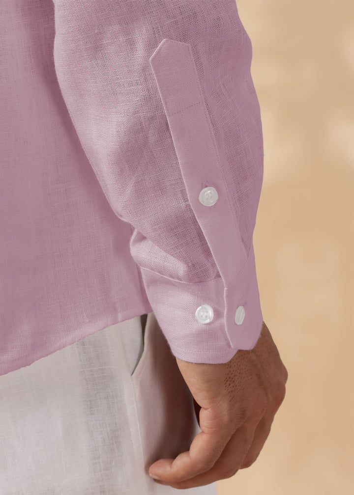 Close-up of a 100% pure linen cameo pink short kurta on a beige background