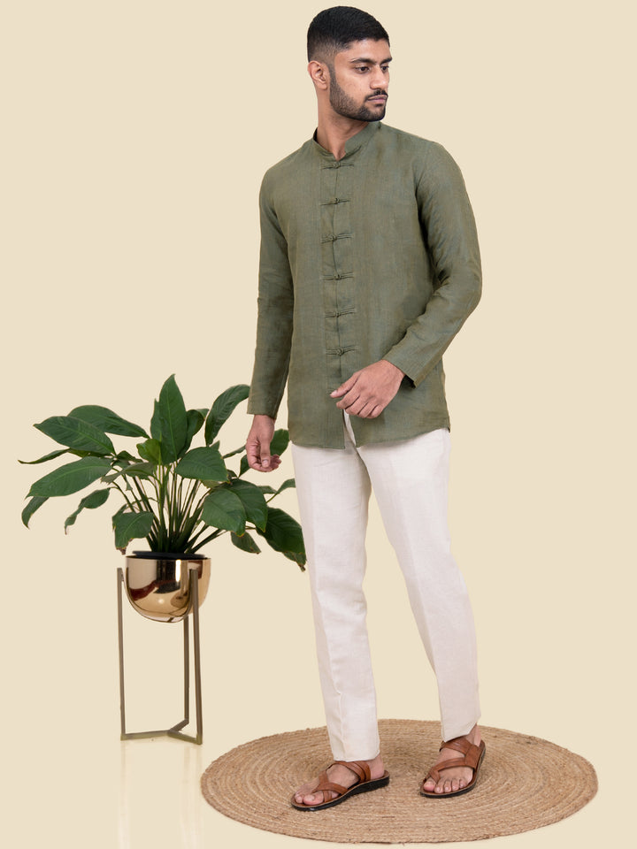Marco - Pure Linen Full Sleeve Shirt - Seaweed Green