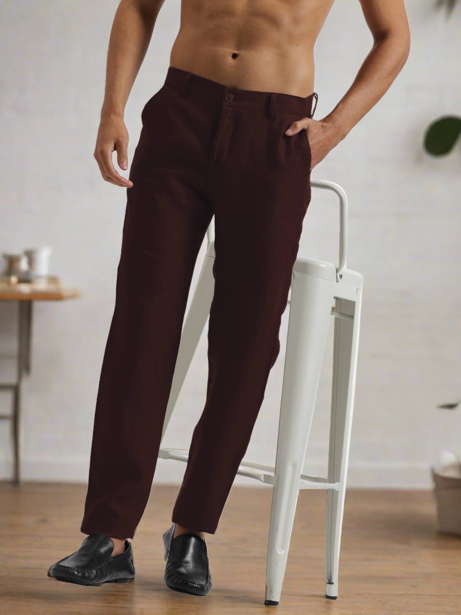 Drawstring Linen/Cotton Trousers - High Waist - Dark Brown - Granqvist -  Ties, shirts and accessories