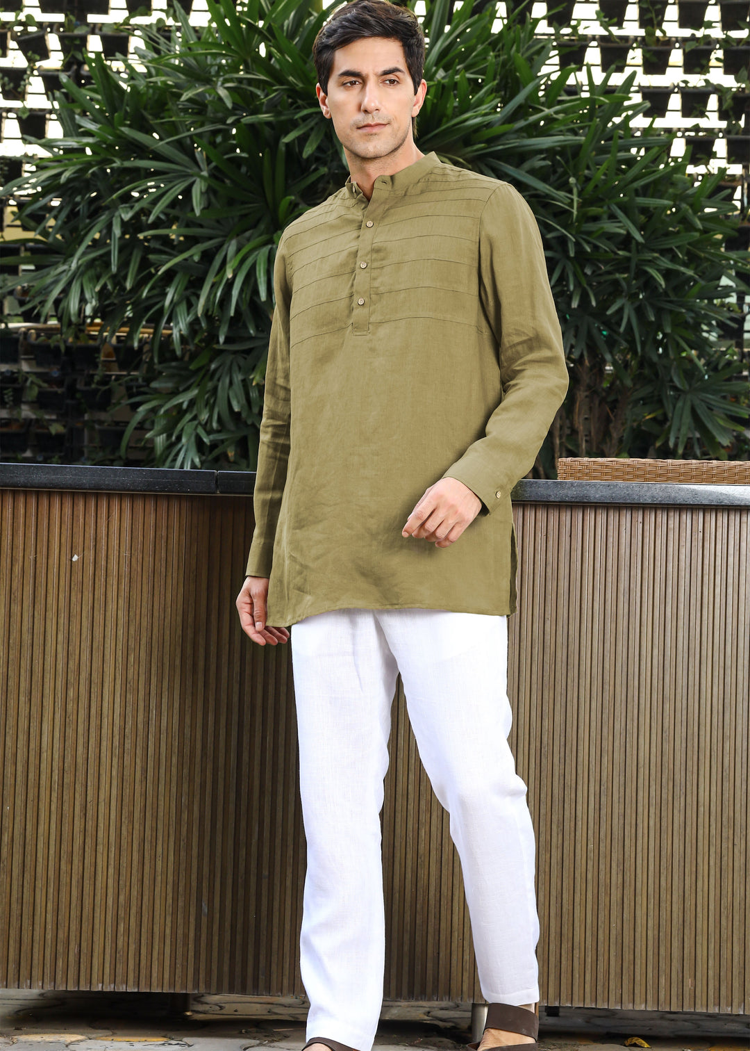 Marvel - Full Sleeve Mandarin Collar Pure Linen Kurta - Golden Olive Green