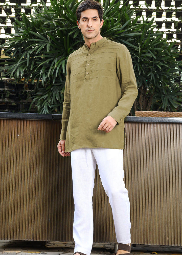 Marvel - Full Sleeve Mandarin Collar Pure Linen Kurta - Golden Olive Green