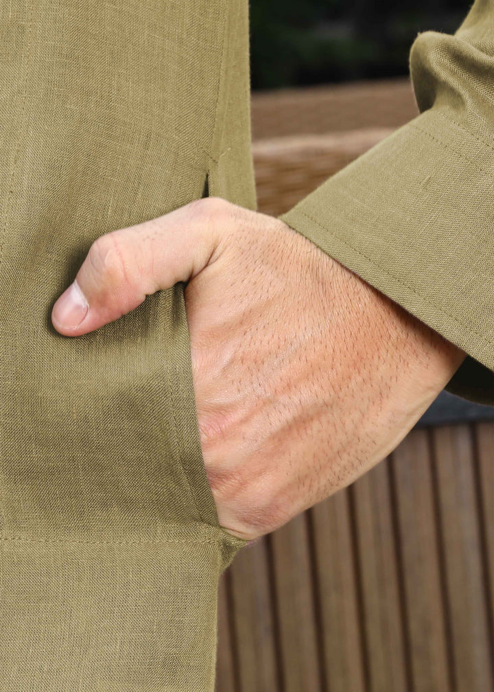 Marvel - Full Sleeve Mandarin Collar Pure Linen Kurta - Golden Olive Green