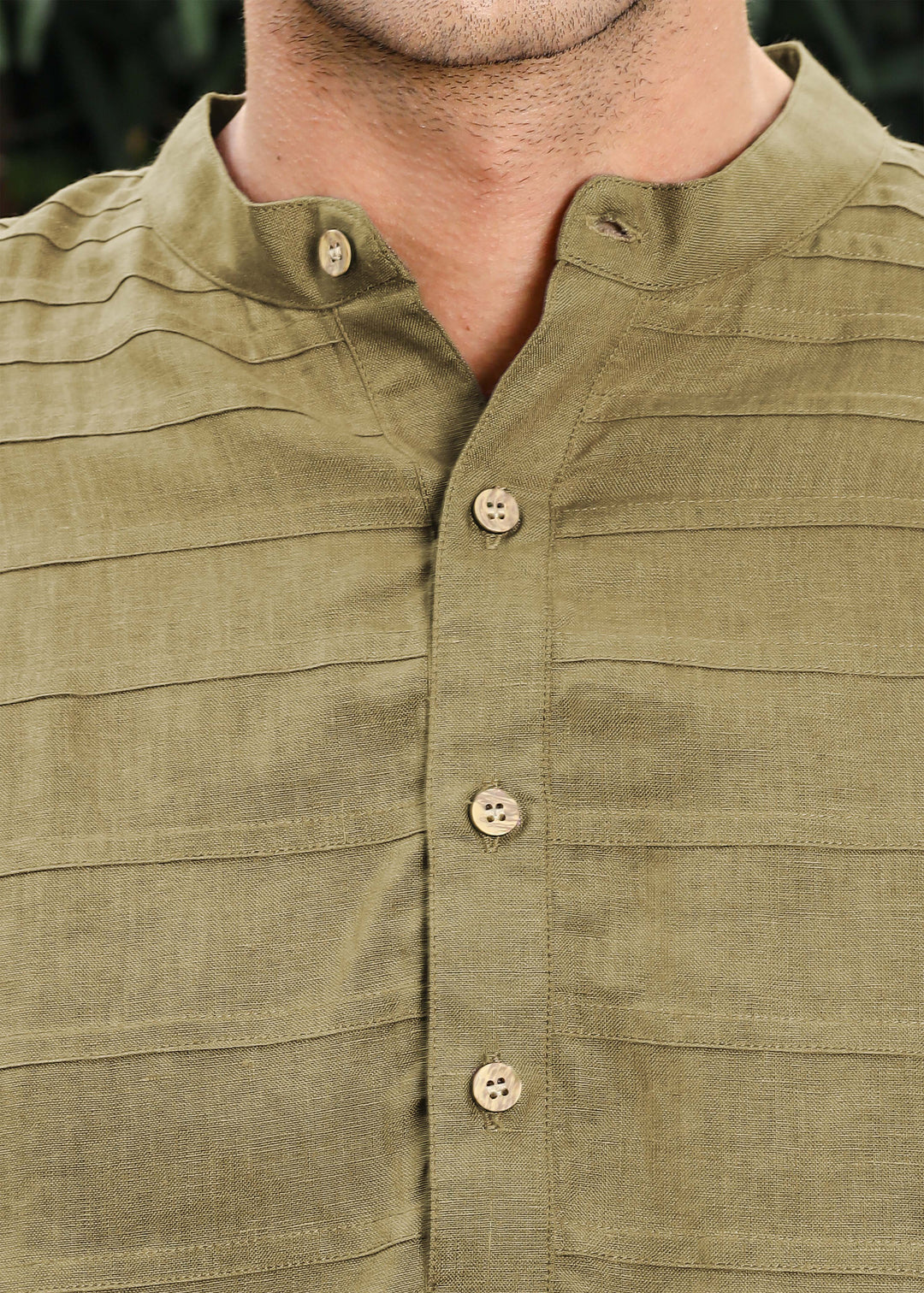Marvel - Full Sleeve Mandarin Collar Pure Linen Kurta - Golden Olive Green