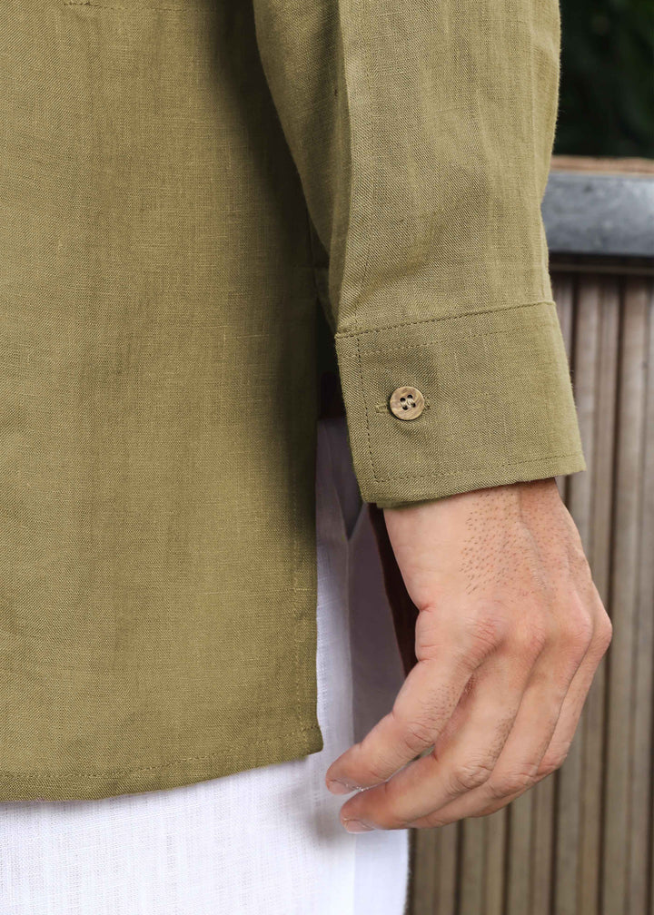 Marvel - Full Sleeve Mandarin Collar Pure Linen Kurta - Golden Olive Green