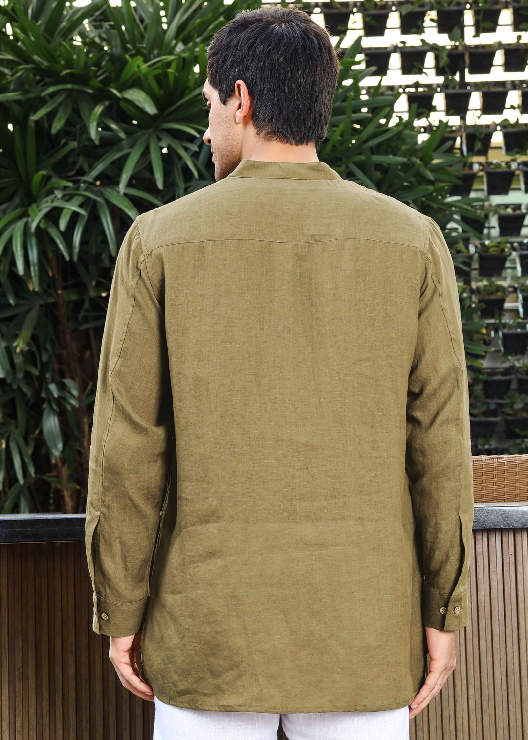 Marvel - Full Sleeve Mandarin Collar Pure Linen Kurta - Golden Olive Green