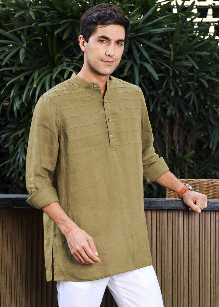 Marvel - Full Sleeve Mandarin Collar Pure Linen Kurta - Golden Olive Green