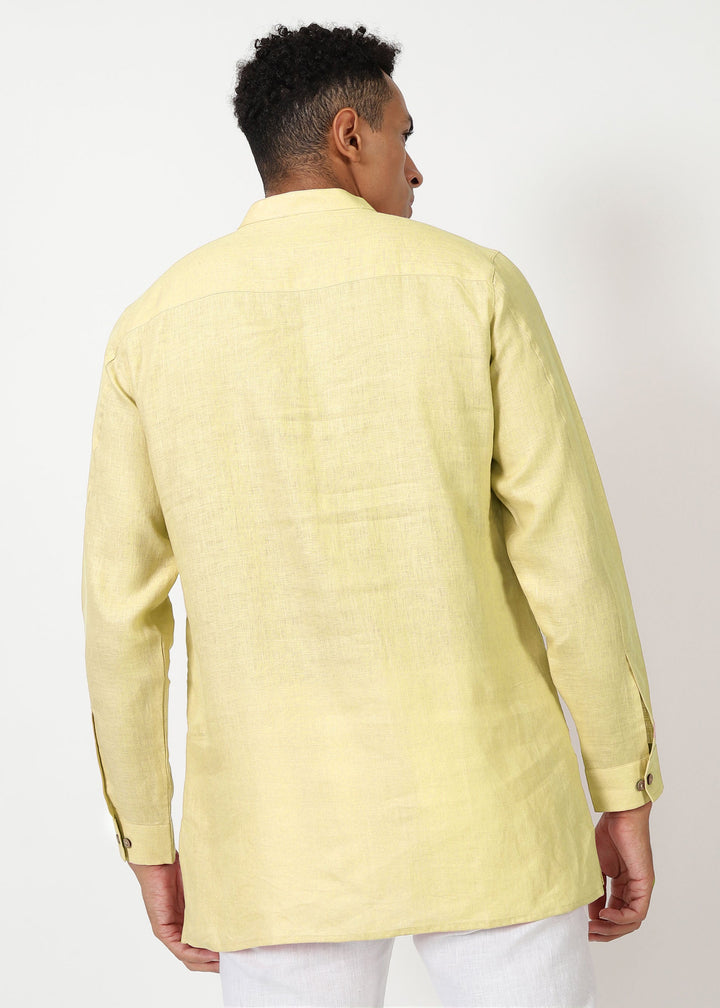 Marvel - Full Sleeve Mandarin Collar Pure Linen Kurta - Honeysuckle Yellow