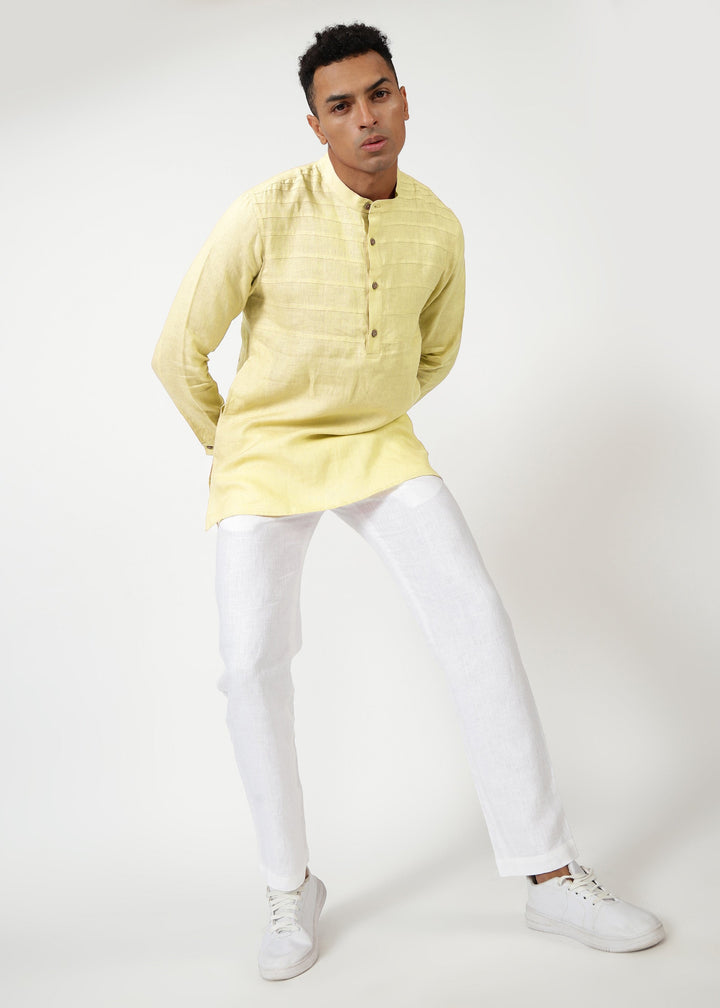 Marvel - Full Sleeve Mandarin Collar Pure Linen Kurta - Honeysuckle Yellow