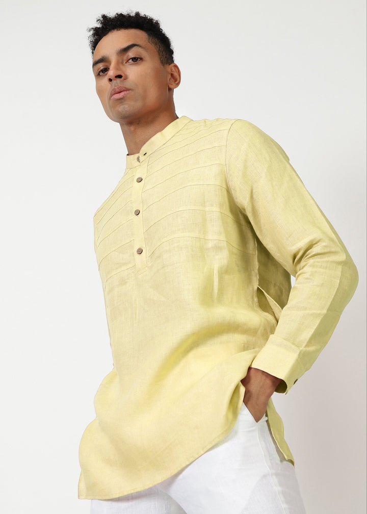 Marvel - Full Sleeve Mandarin Collar Pure Linen Kurta - Honeysuckle Yellow
