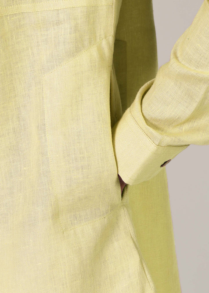 Marvel - Full Sleeve Mandarin Collar Pure Linen Kurta - Honeysuckle Yellow