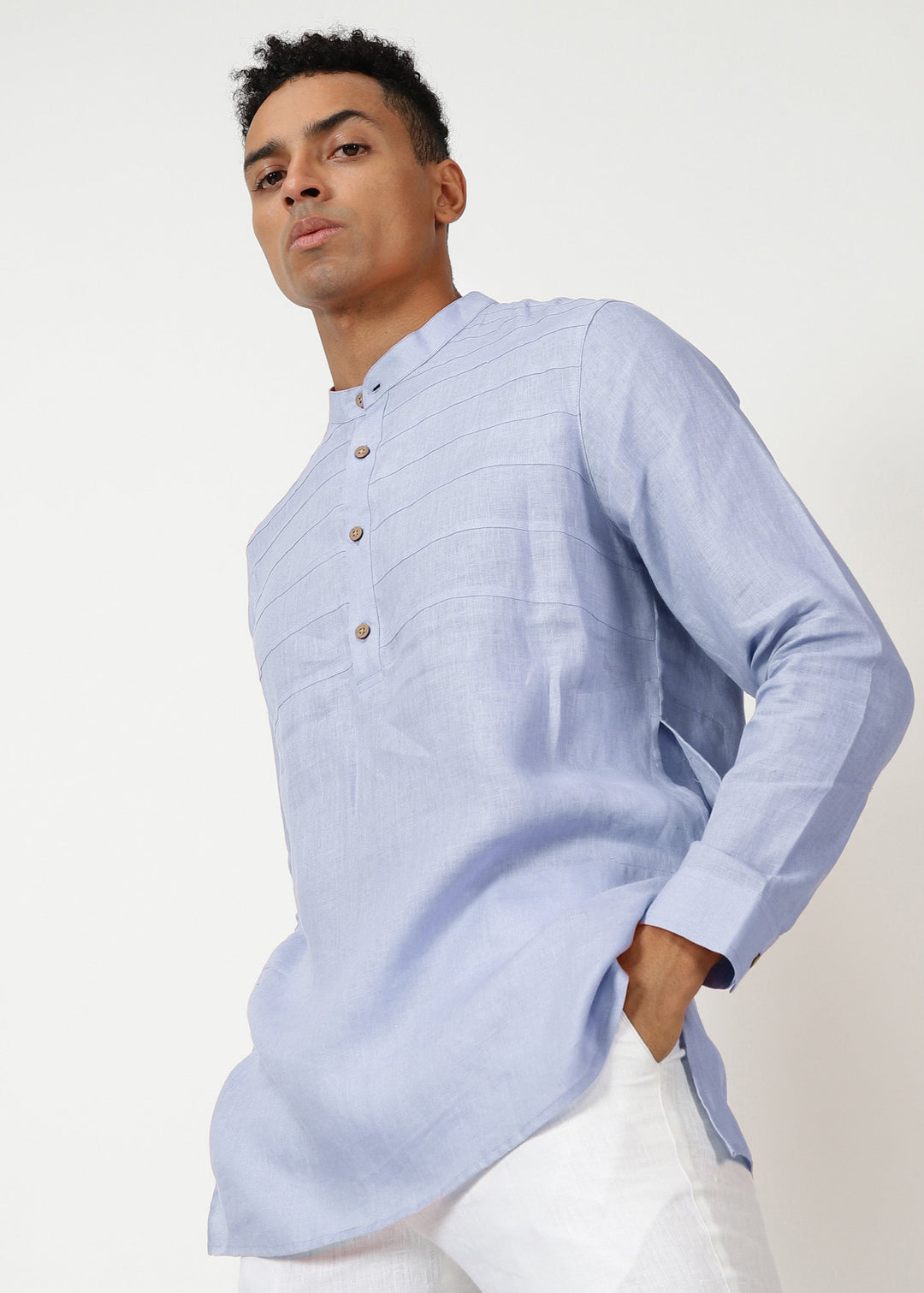 Marvel - Full Sleeve Mandarin Collar Pure Linen Kurta - Periwinkle Blue