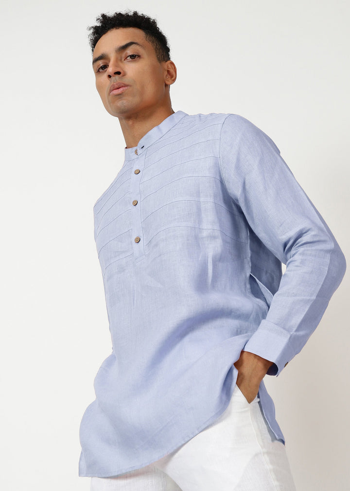 Marvel - Full Sleeve Mandarin Collar Pure Linen Kurta - Periwinkle Blue
