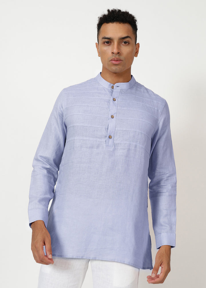 Marvel - Full Sleeve Mandarin Collar Pure Linen Kurta - Periwinkle Blue
